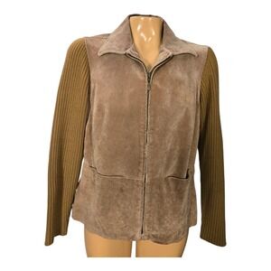 AMI Leather Suede Ribbed Sweater Knit Sleeve Moto Jacket Women's Size Medium